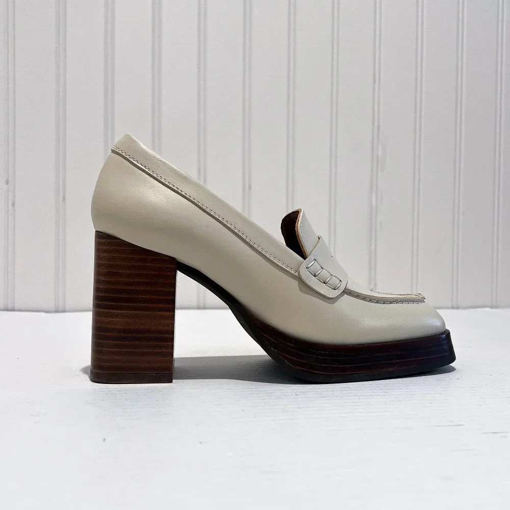 Alohas Busy Cream Square Toe Leather Academia Business Casual Loafer Heels 35 - Picture 2 of 13
